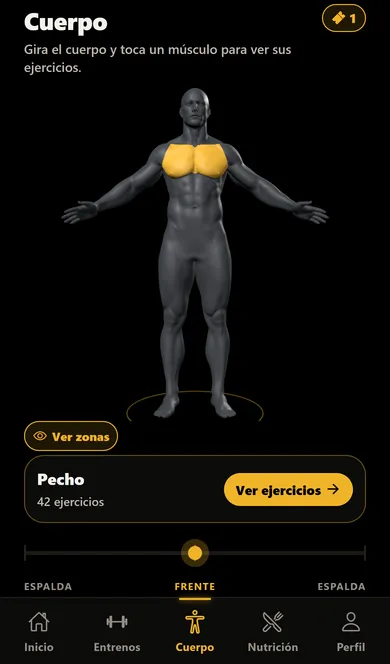 Pantalla Cuerpo de Dovik: un cuerpo humano en 3D con el pecho marcado en dorado y el botón «Ver ejercicios».