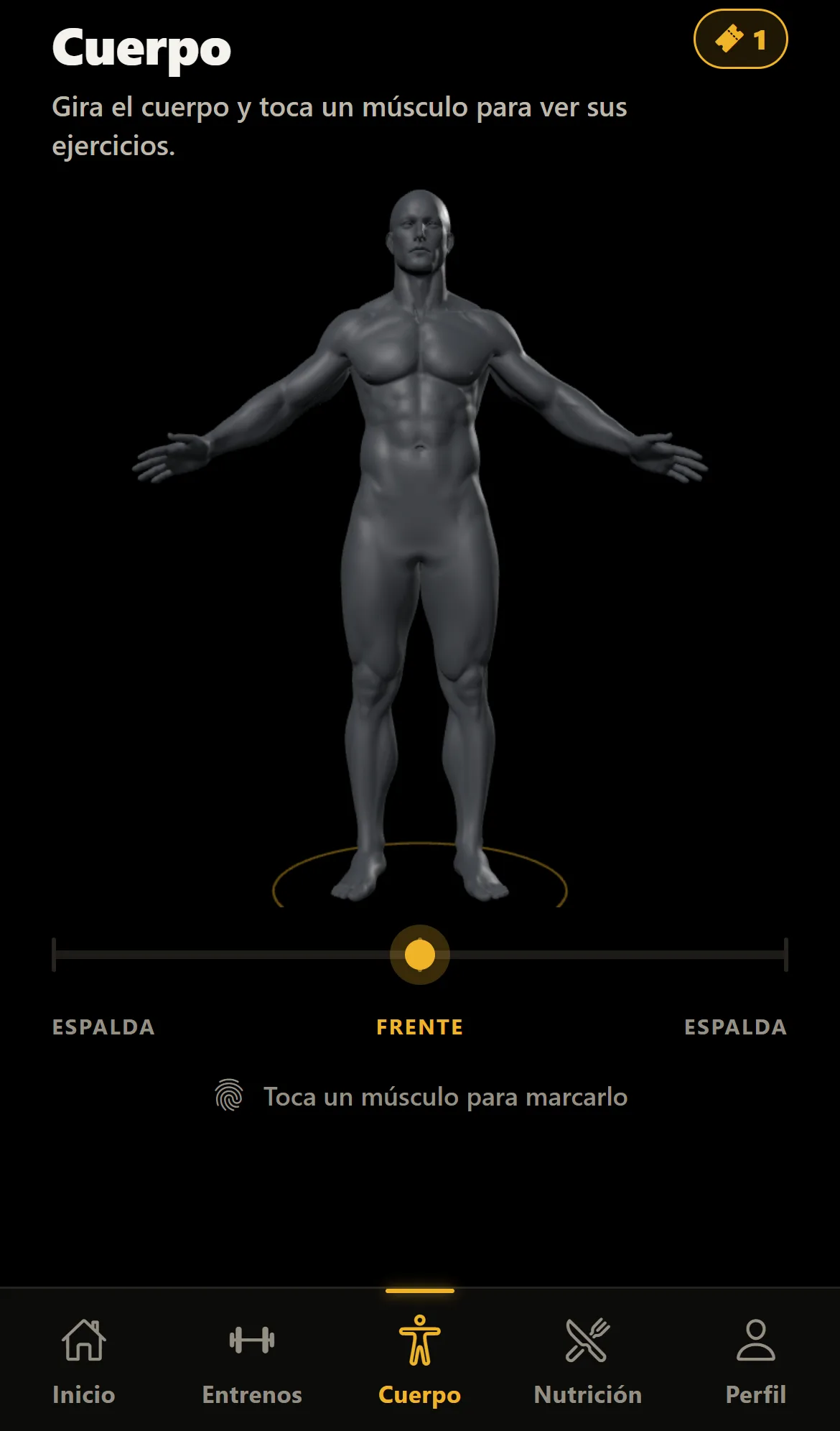 Pantalla Cuerpo: el cuerpo 3D de frente con la regleta para girarlo.