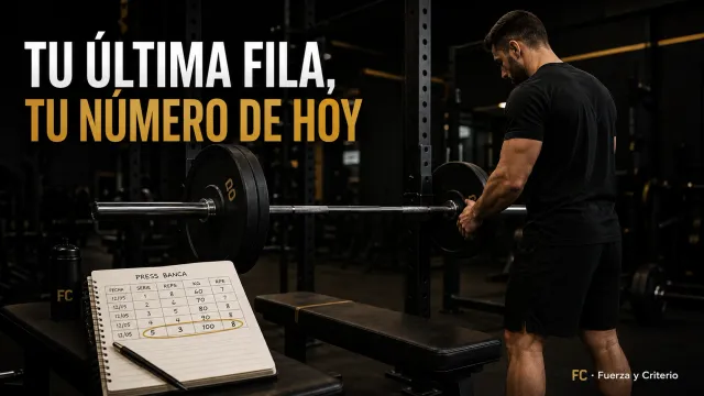 Un hombre carga una barra con menos discos que antes junto a un cuaderno de entrenamiento abierto en su última fila anotada, en un gimnasio en penumbra.