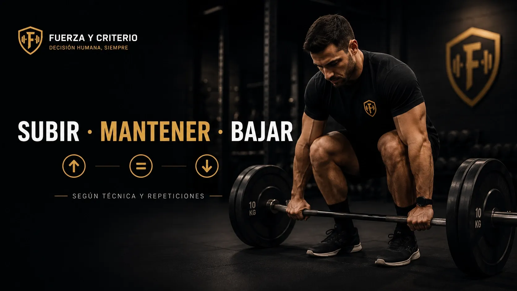 Hombre preparando una barra en un gimnasio junto al concepto visual «Subir, mantener, bajar» para decidir la progresión de carga.