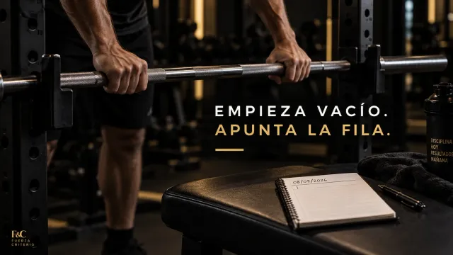 Unas manos ajustan el agarre en una barra sin discos sobre sus soportes, junto a un cuaderno de entrenamiento abierto en una página en blanco, en un gimnasio en penumbra.