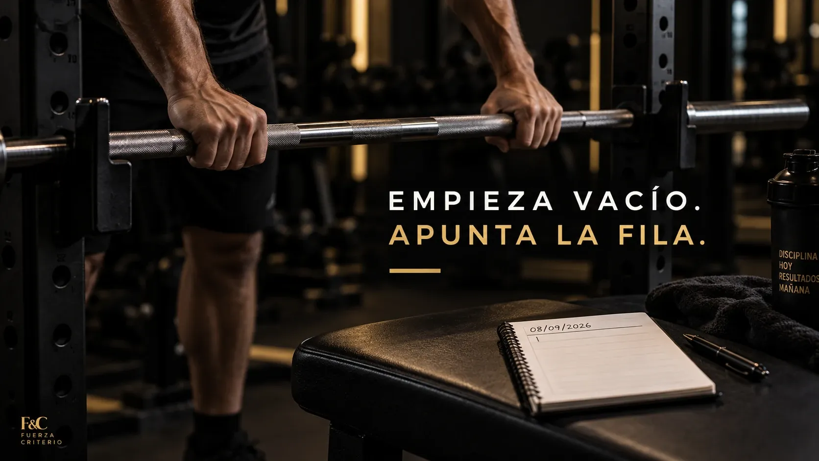 Unas manos ajustan el agarre en una barra sin discos sobre sus soportes, junto a un cuaderno de entrenamiento abierto en una página en blanco, en un gimnasio en penumbra.