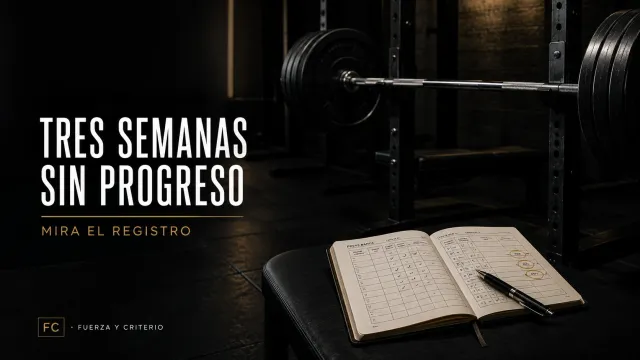Banco de press de banca con la barra cargada y una libreta de registro abierta al lado, en un gimnasio en penumbra, junto a la idea «Tres semanas sin progreso».