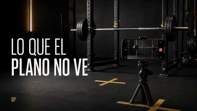 Un móvil sujeto en un soporte a media altura y nivelado graba de lado una barra cargada en un rack, en un gimnasio en penumbra; en el suelo hay dos marcas de cinta y en la pantalla del móvil la escena se ve más pequeña y desplazada.