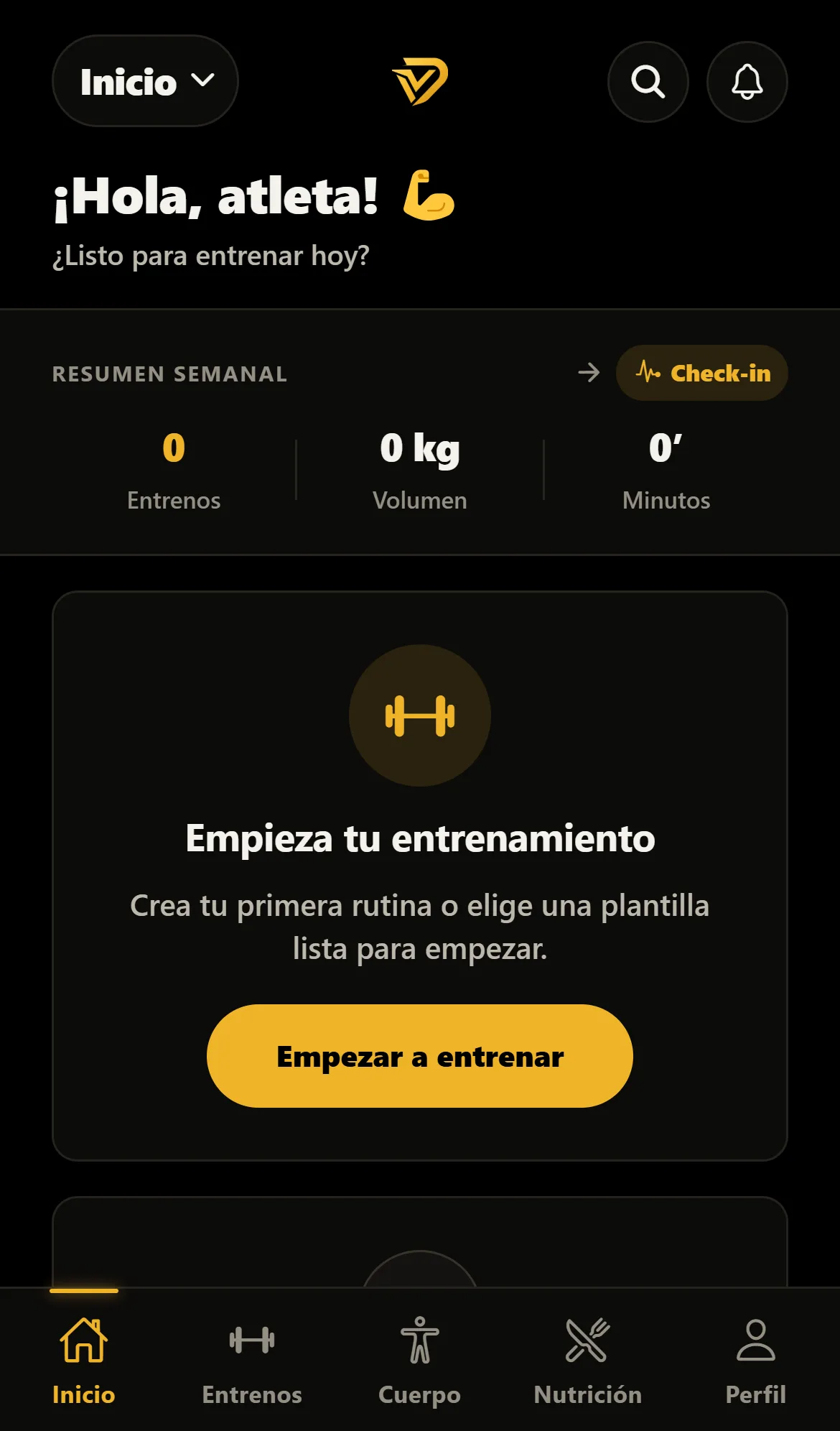 Pantalla Inicio de Dovik en una cuenta recién creada: saludo, resumen semanal a cero y el botón «Empezar a entrenar».