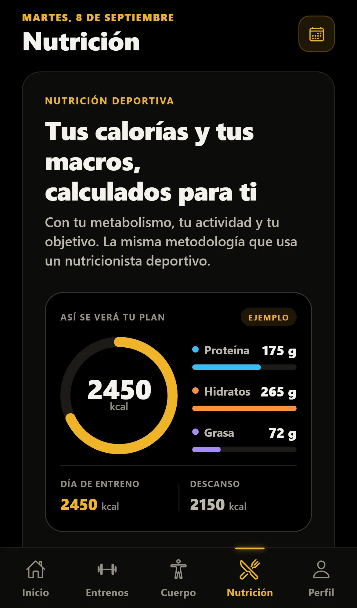 Pantalla Nutrición: calorías y macros calculados, con día de entreno y de descanso.